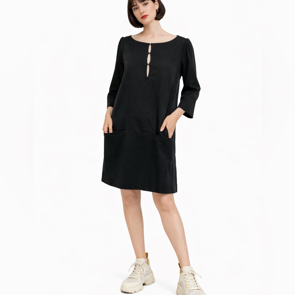 Emerson Fry designer Black Keyhole Tunic shift mini  Dress w/front pocket Sz Med